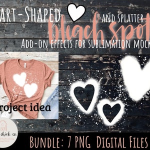May include: A digital download of 7 PNG files featuring heart-shaped bleach spots and splatters. The image shows a mock-up of a pink t-shirt with white heart-shaped bleach spots, and a dark wood background with white heart-shaped bleach spots.