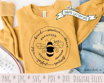 Bee Kind Quote SVG | Hand Lettered Insect Design (Digital Download)
