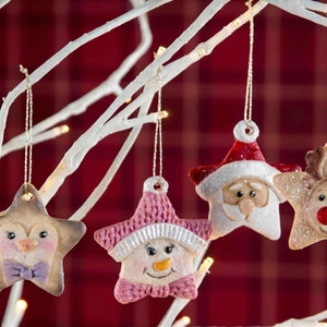 May include: Seven star-shaped Christmas decorations with various festive themes. The decorations feature a snowman, Santa Claus, a reindeer, a penguin, a bird, and a wrapped gift. The decorations are hanging from a white branch against a red and white checked background.
