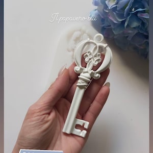 May include: A white decorative key with intricate details, measuring 5 cm by 13 cm. The key is held in a hand against a white background with a blue flower in the background. The text "Il papavero blu" is visible in the image.