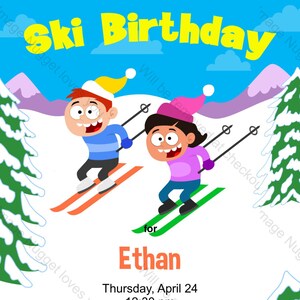 Snow Skiing Birthday Party Invitation - printable birthday invite for a downhill slalom winter snow ski party