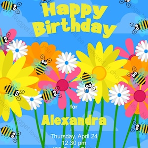 Honey Bee Party Invitation - printable birthday invite for an honey bee flower themed birthday