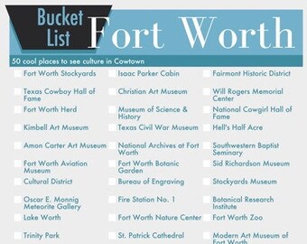 Fort Worth Texas Bucket List Wall Art - 50 Fun Things to do in Cowtown - printable digital design