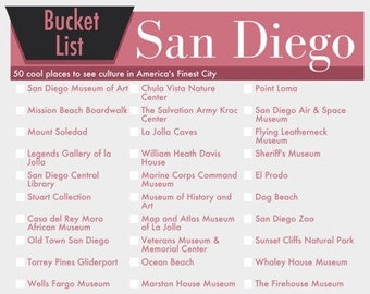 San Diego California Bucket List Wall Art - 50 Fun Things to do in SD - printable digital design for vacation and tourists