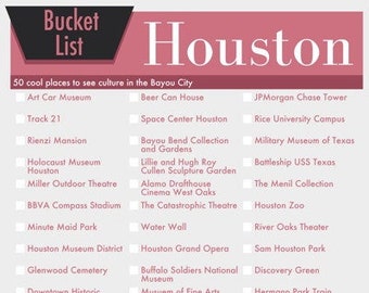 Houston Texas Bucket List Wall Art - 50 Fun Things to do in the Bayou City - printable digital design