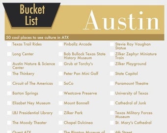 Austin Texas Bucket List Wall Art - 50 Fun Things to do in ATX - printable digital design