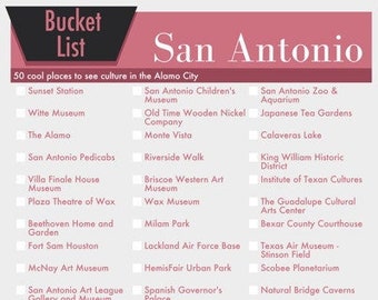 San Antonio Texas Bucket List Wall Art - 50 Fun Things to do in the Alamo City - printable digital design