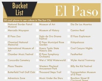 El Paso Texas Bucket List Wall Art - 50 Fun Things to do in The Sun City - printable digital design
