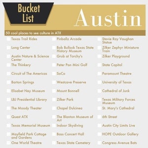Austin Texas Bucket List Wall Art - 50 Fun Things to do in ATX - printable digital design
