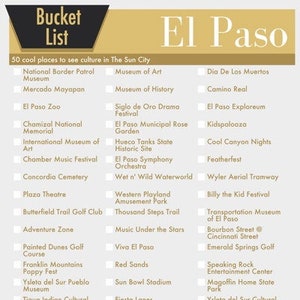 El Paso Texas Bucket List Wall Art - 50 Fun Things to do in The Sun City - printable digital design