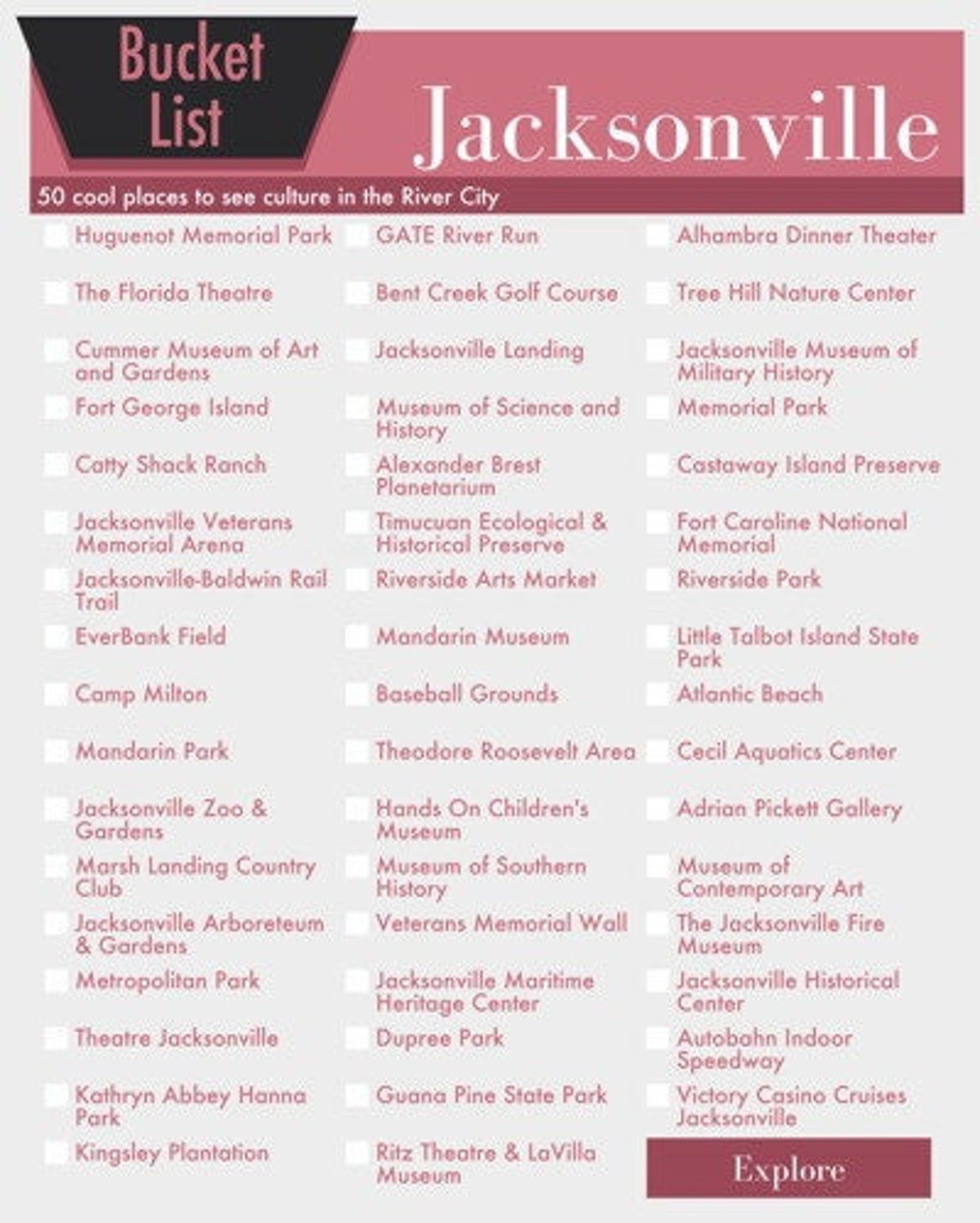 Bucket List Jacksonville Florida Bucket List in Your Choice of COLOR