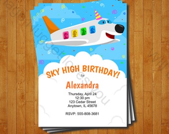 May include: A blue and white airplane with a smiling face and a rainbow horn flies through a blue sky with white clouds and colorful confetti. The text "SKY HIGH BIRTHDAY! for Alexandra" is written in orange and white on a white cloud. The invitation includes the date, time, address, and RSVP information.