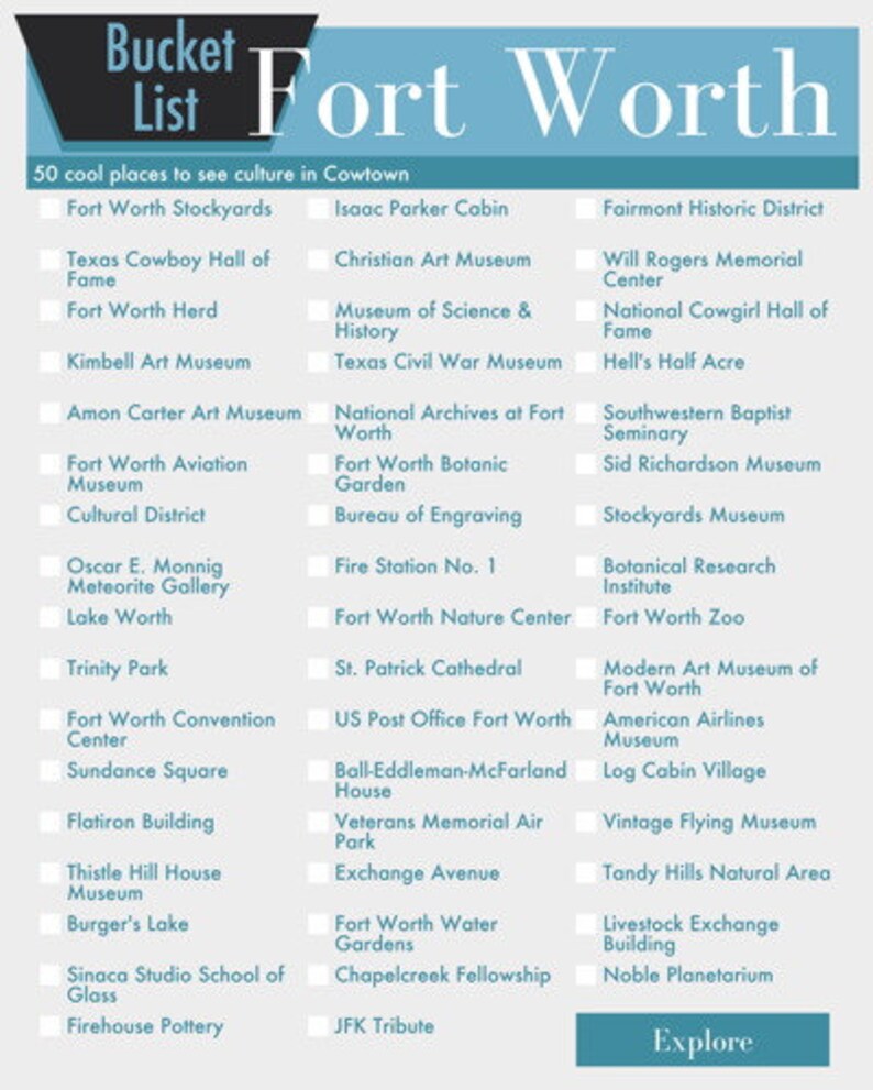 Bucket List Fort Worth Texas Bucket List in Your Choice of Etsy