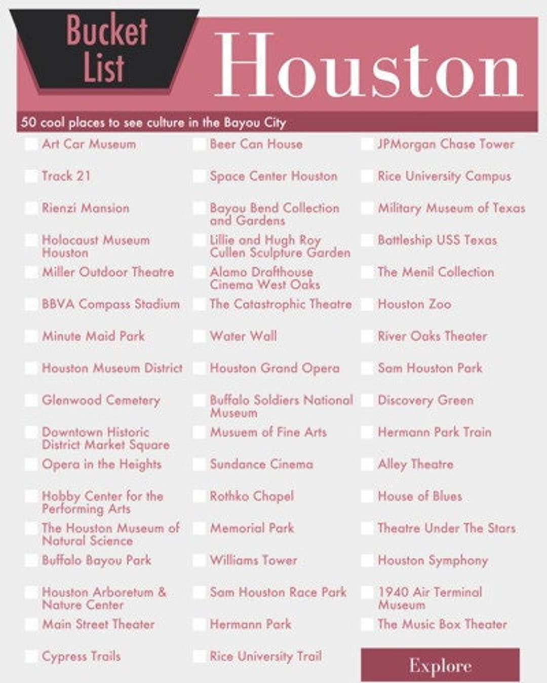 Houston Texas Bucket List Wall Art 50 Fun Things to Do in the Bayou