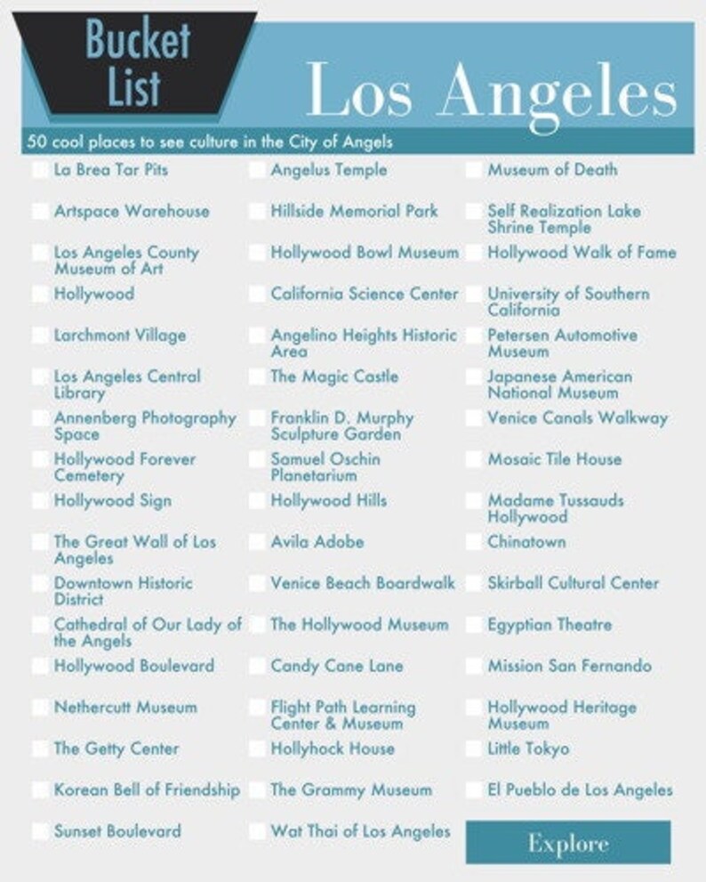 Bucket List Los Angeles LA Bucket List in Your Choice of Color Etsy