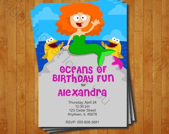 May include: A birthday invitation featuring a cartoon mermaid with orange hair and a green tail, two yellow fish, and the text "OCEANS OF BIRTHDAY FUN for Alexandra". The invitation includes the date, time, address, and RSVP information.