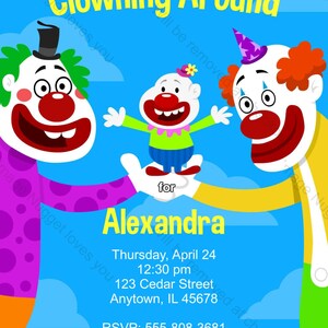 Clown Birthday Party Invitation - printable birthday invite for a Boys or Girls Circus Clown Birthday Party