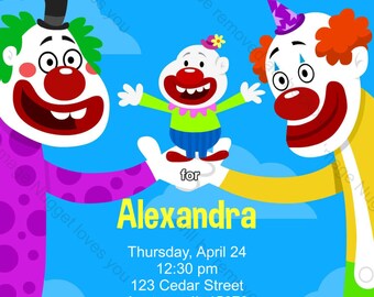 Clown Birthday Party Invitation - printable birthday invite for a Boys or Girls Circus Clown Birthday Party