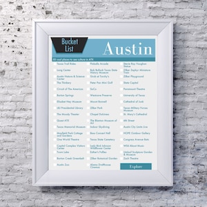 Austin Texas Bucket List Wall Art - 50 Fun Things to do in ATX - printable digital design