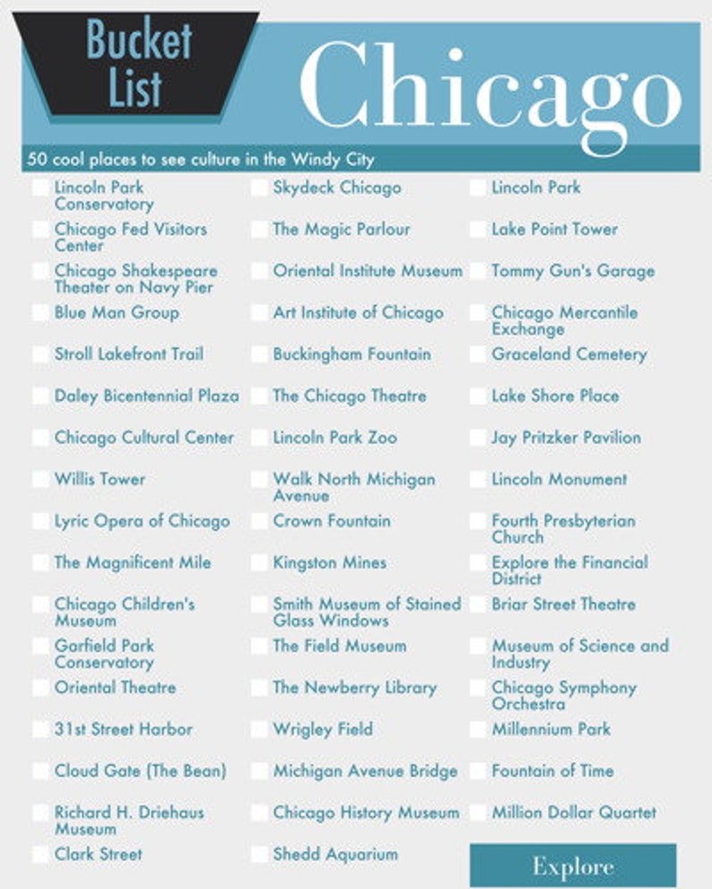 Bucket List Chicago Travel Bucket List in Your Choice of COLOR Etsy