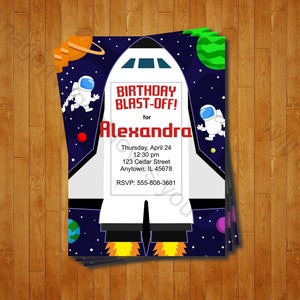May include: A birthday party invitation with a rocket ship design. The invitation is for Alexandra and includes the date, time, address, and RSVP information.