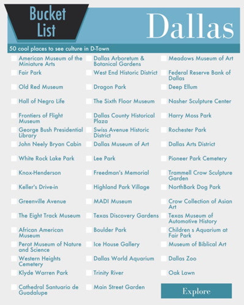 Dallas Texas Bucket List Wall Art 50 Fun Things to do in | Etsy