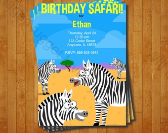 Zebra Birthday Invitation - printable birthday invite for a Safari Zebra Birthday Party