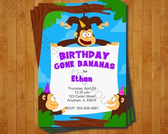 Monkey Party Invitation - printable birthday invite for a Monkey Theme Birthday Party