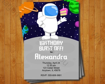 May include: Birthday party invitation with an astronaut holding a piece of cake in front of a space background. The text reads "Birthday Blast Off! for Alexandra. Thursday, April 24, 12:30 pm, 123 Cedar Street, Anytown, IL 45678, RSVP: 555-808-3681"