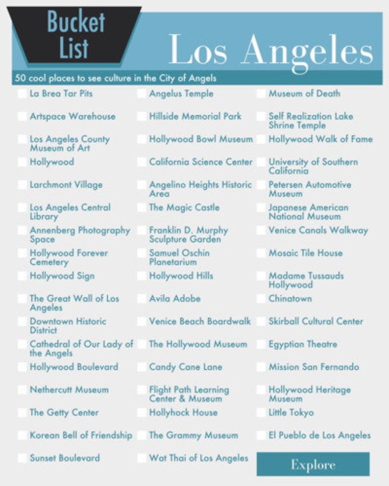 Bucket List Los Angeles LA Bucket List in Your Choice of Color Etsy