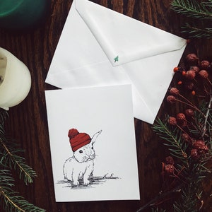 Baby Hasen karten |handmade|original art|bunny|nature|red hat|winter|michigan|christmas|arctic|