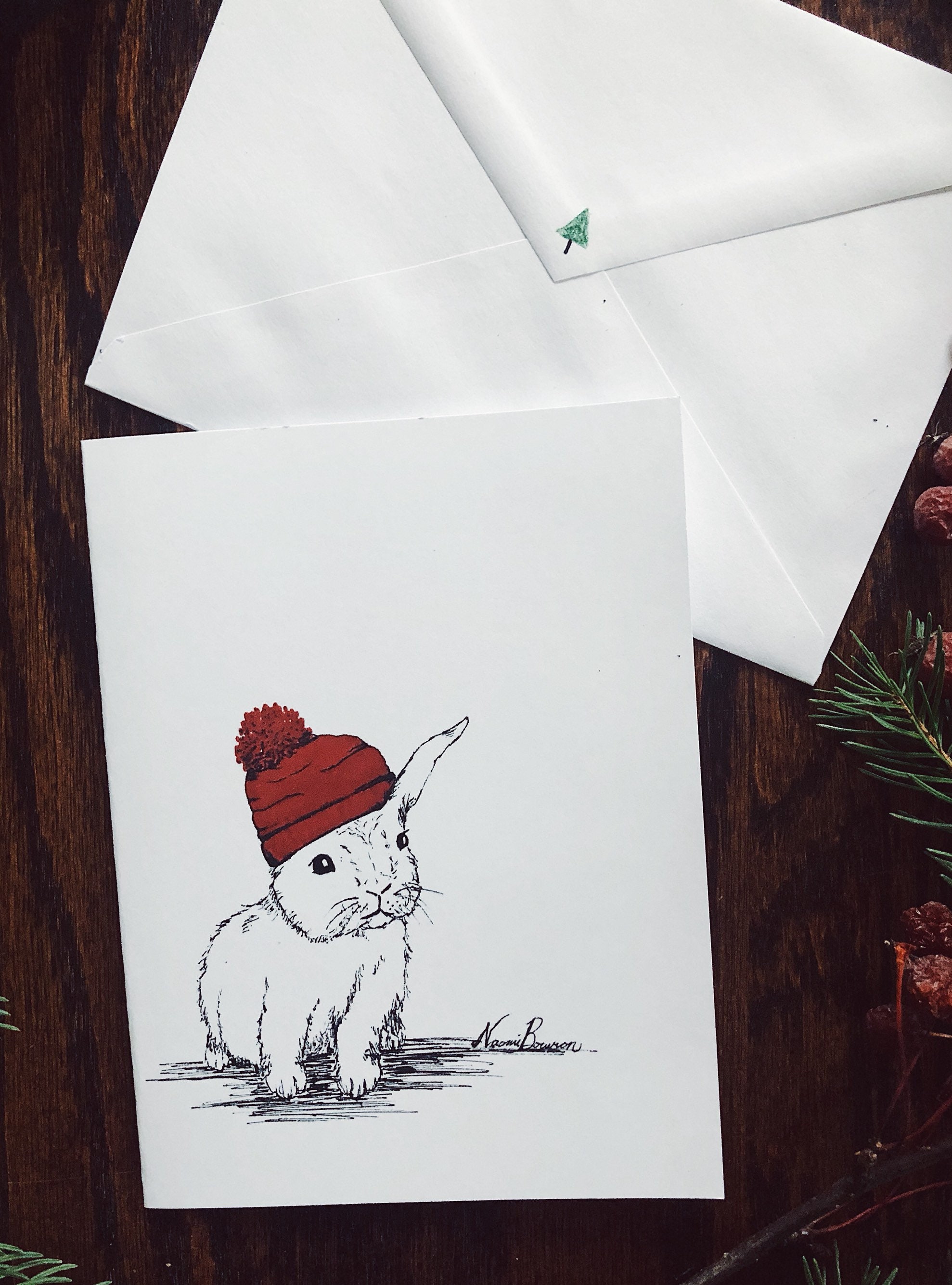 Baby Rabbit Cards |handmade|original Art|bunny|nature|red Hat|winter ...