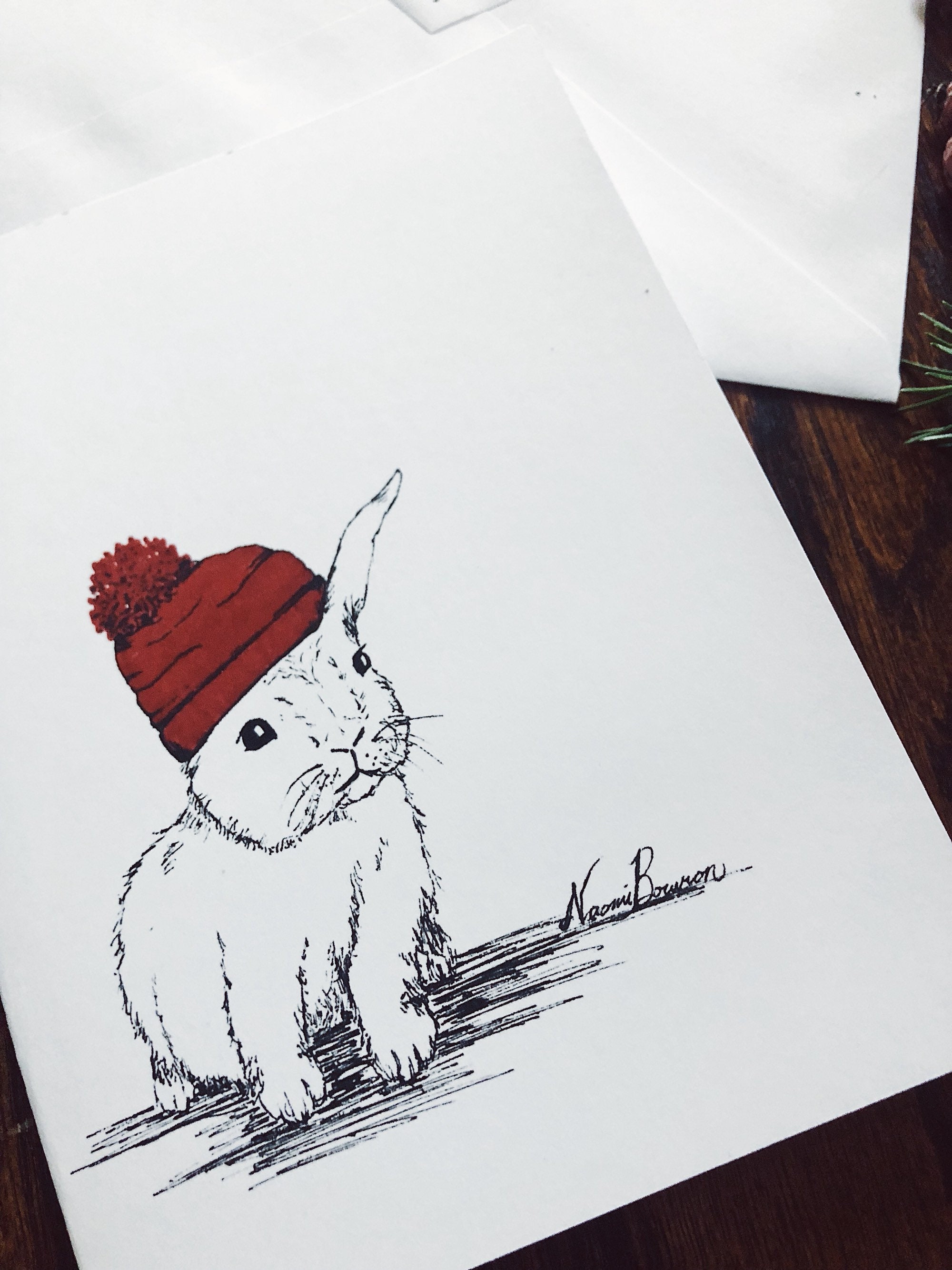 Baby Rabbit Cards |handmade|original Art|bunny|nature|red Hat|winter ...