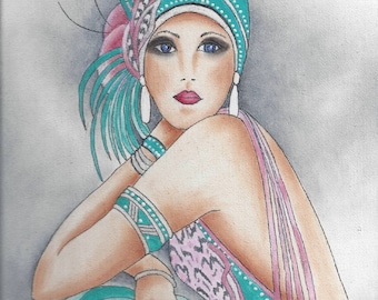 E PACKET Pen &  Ink Oil Rouging - Art Deco Lady, Art Kit, Painting Kit, Instructional Painting Packet, Digital Art Painting Patterns