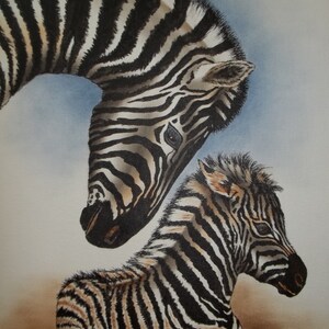 INK / OIL PAINTING - Zebra Wall Art and Painting, Black White Striped Animals, Serengeti Africa Art, Baby Zebra with Mother Art  -  11x14