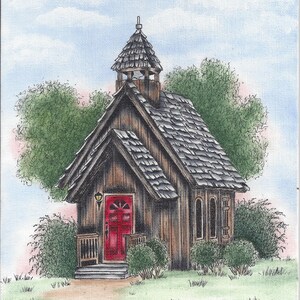 May include: A hand-drawn illustration of a small wooden chapel with a red door and a steeple. The chapel is surrounded by green trees and bushes. The sky is blue with white clouds. The artist's signature, "Sharon Kuester 2016", is in the lower right corner.