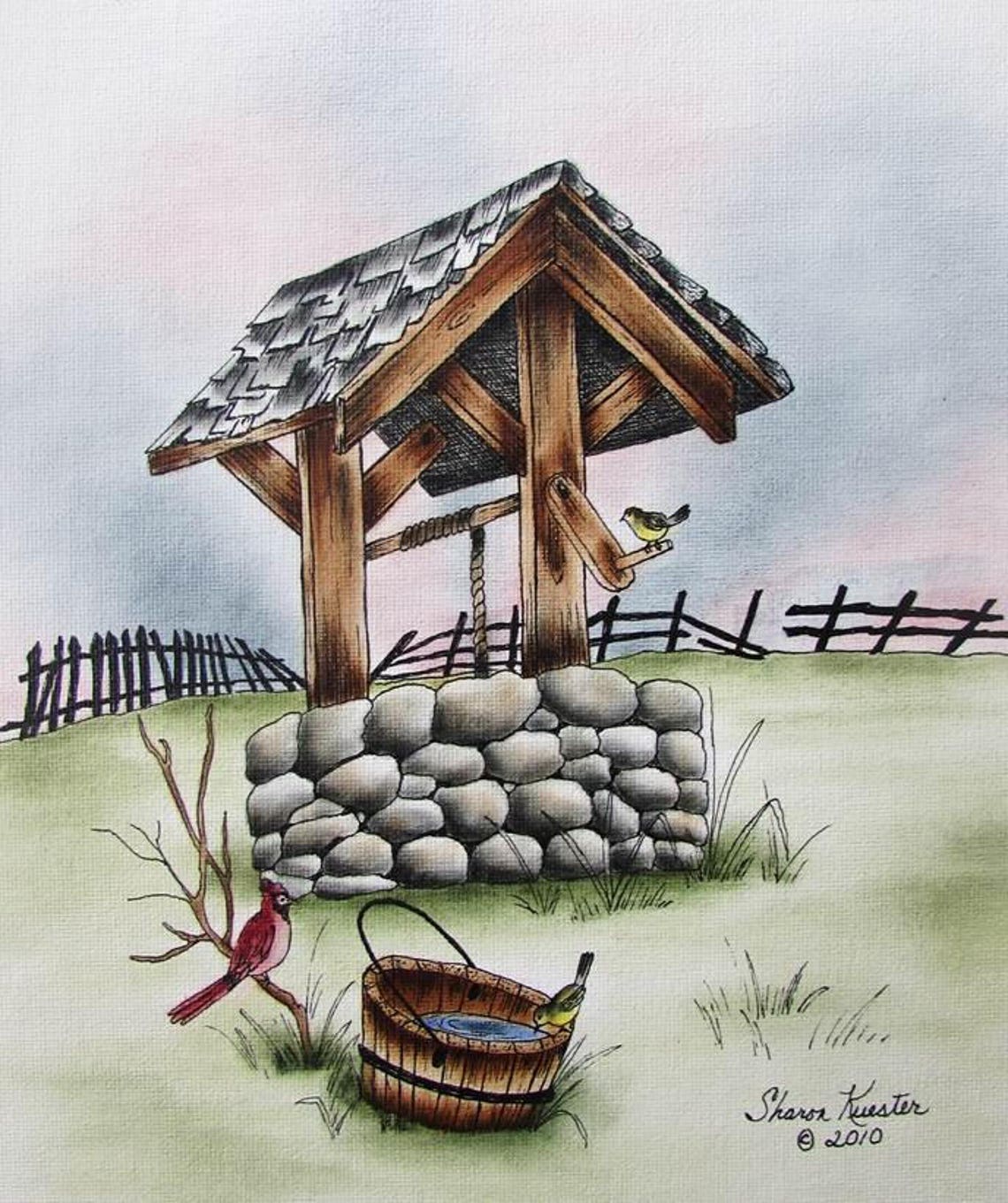 E PACKET Pen & Ink Oil Rouging Wishing Well Painting Pattern, Art Kit