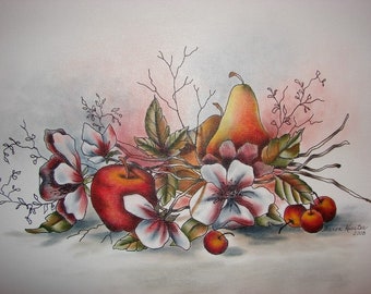 INK / OIL PAINTING - Fruit/Floral Oil Painting, Home Decor Art, Kitchen Dining Wall Art, Fruit/Floral Still Life Art, Pear Apple Cherry Art