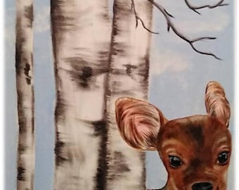 INK / OIL PAINTING - Deer, Fawn, White Birch Trees, Baby Deer Oil Painting, White Tailed Deer Fawn, Fawn in Forest, Home Decor 11x14, 16x20