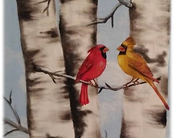 INK / OIL PAINTING - Northern Cardinals, White Birch Trees, Song Birds, Red Cardinal Art, Cardinal Oil Painting, Home Decor 11x14, 16x20