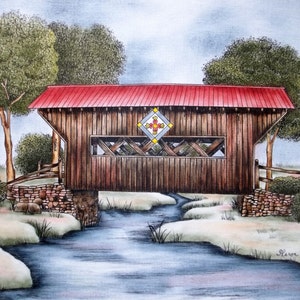 TINTA / PINTURA AL ÓLEO - Pinturas históricas del puente cubierto antiguo, Paisaje rural, Arte de colcha Amish, Arte rústico, Pintura al óleo - 11x14