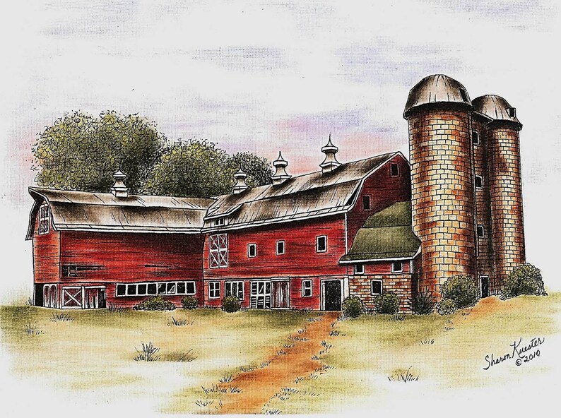 ENCRE / PEINTURE À LHUILE Scott Family Farm, Paysage de campagne, Farm Scene Art, Grange en bois rouge, Peinture à lhuile dart grange, Silo grange 11x14 image 1