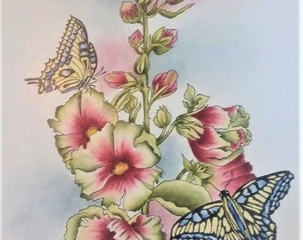 E PACKET Pen & Ink Oil Rouging - Butterfly, hollyhocks flowers, instructional painting packet, art kit, painting kit, flower e packet
