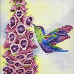 May include: A watercolor painting of a hummingbird with green, blue, and purple feathers, drinking nectar from a pink flower with purple spots. The flower is a foxglove, and the background is a light yellow.