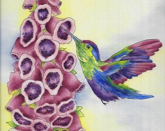 E PACKET Pen & Ink Oil Rouging - Fairy Thimbles - Hummingbird Art, Foxglove Painting, Hummingbird Painting packets, Art Kit, flower painting