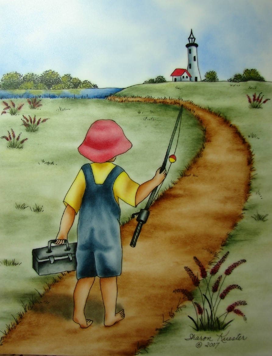 INK / OIL PAINTING - Boy going fishing Wall Art, Cottage Decor, Fishing  painting, Little boys room art, Personalized Beach Art - 11x14