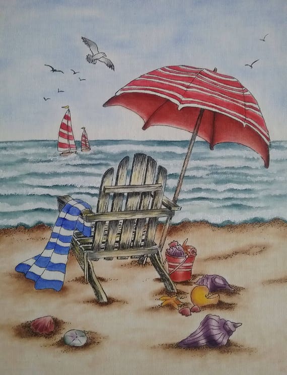 Ink Oil Painting Beach Scene Wall Art Shells Beach Etsy