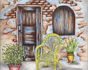 INK / OIL PAINTING - Greek Street Scene Oil Painting, Greece Structure, Greece City Scene, Rustic Greek Scene Painting, - 11x14, 16x20