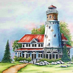 May include: A watercolour painting depicting a white lighthouse with a red roof, attached to a large house with a red roof. The house features a porch and windows. Trees and bushes surround the house and lighthouse. The sky is a light blue colour.