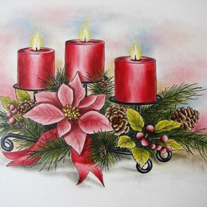 TINTE / ÖLGEMÄLDE - Kerzen Aglow, Rote Poinsettias, Weihnachtskunst Geschenk, Weihnachtsbeeren, handbemalte Saisonale Urlaubskunst - 11x14